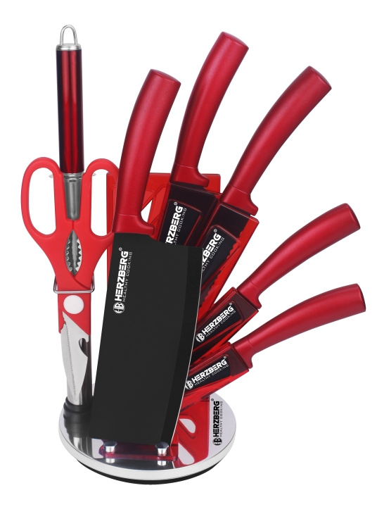 Herzberg 8 Pieces Knife Set with Acrylic Stand - Red i gruppen HJEM, HUS OG HAGE / Kjøkkenutstyr / Kjøkkenkniver og knivslipere hos TP E-commerce Nordic AB (A19975)