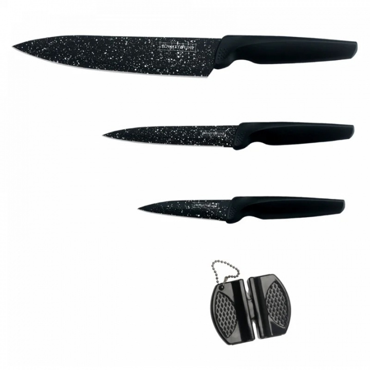 Royalty Line RL-MB3B: 3 Pieces Mable Coated Kitchen Knife Set with Pocket Knife Sharpener i gruppen HJEM, HUS OG HAGE / Kjøkkenutstyr / Kjøkkenkniver og knivslipere hos TP E-commerce Nordic AB (A22619)