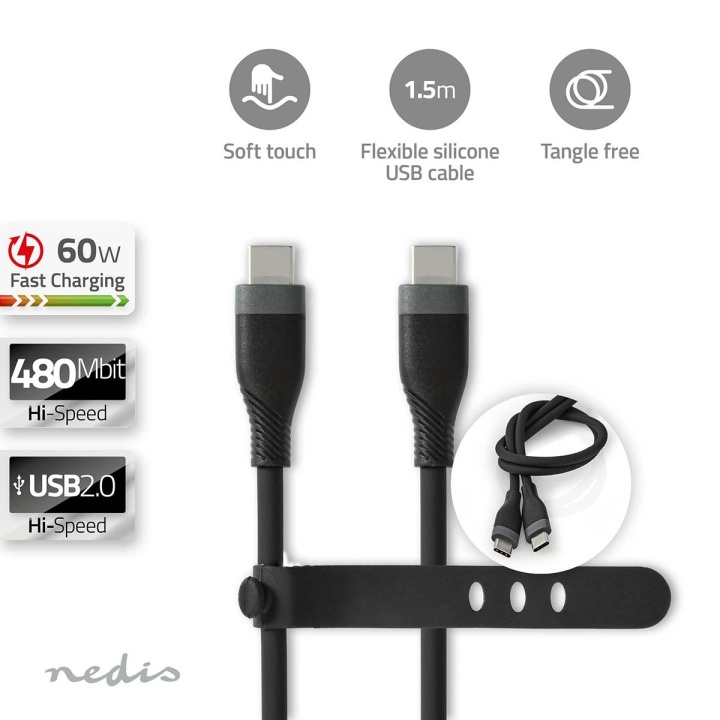 Nedis USB-kabel | USB 2.0 | USB-C™ Hann | USB-C™ Hann | 60 W | 480 Mbps | Nikkel belagt | 1.50 m | Rund | Silikon | Sort | Boks i gruppen Datautstyr / Kabler og adaptere / USB / USB-C hos TP E-commerce Nordic AB (C66096)