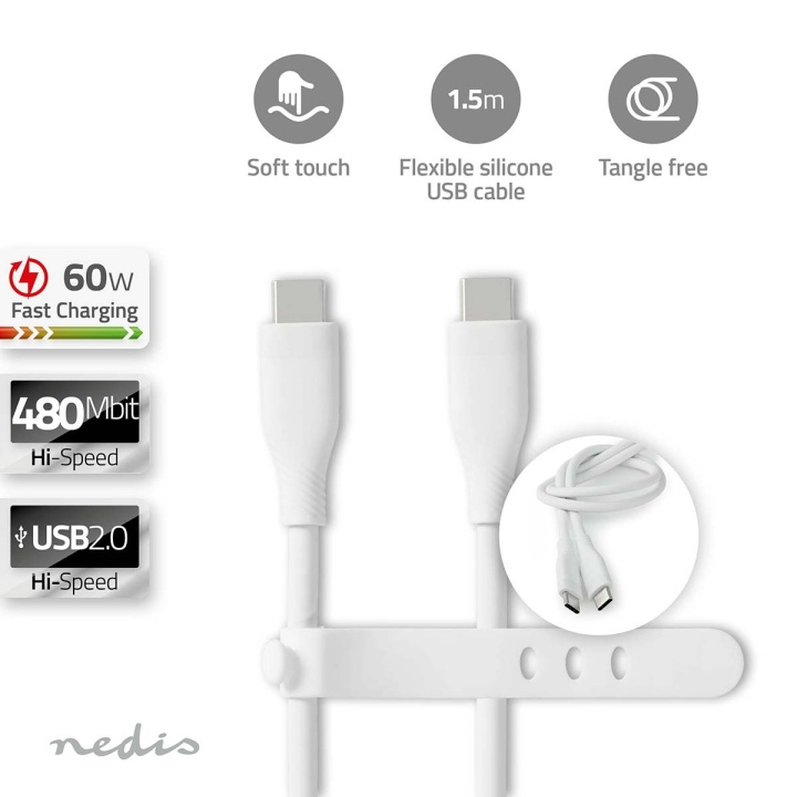 Nedis USB-kabel | USB 2.0 | USB-C™ Hann | USB-C™ Hann | 60 W | 480 Mbps | Nikkel belagt | 1.50 m | Rund | Silikon | Hvit | Boks i gruppen Datautstyr / Kabler og adaptere / USB / USB-C hos TP E-commerce Nordic AB (C66097)