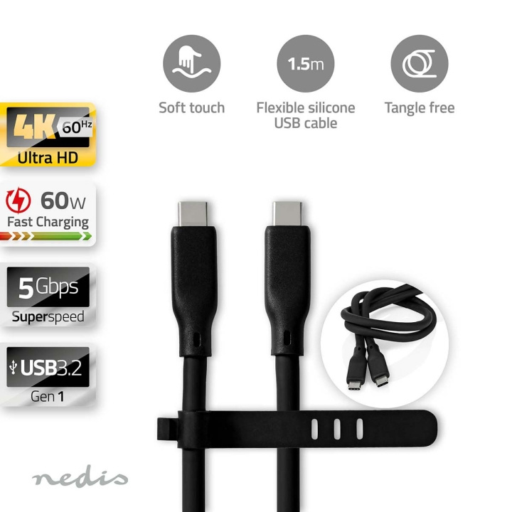 Nedis USB-kabel | USB 3.2 Gen 1 | USB-C™ Hann | USB-C™ Hann | 60 W | 8K@30Hz | 5 Gbps | Nikkel belagt | 1.50 m | Rund | Silikon | Sort | Boks i gruppen Datautstyr / Kabler og adaptere / USB / USB-C hos TP E-commerce Nordic AB (C66108)