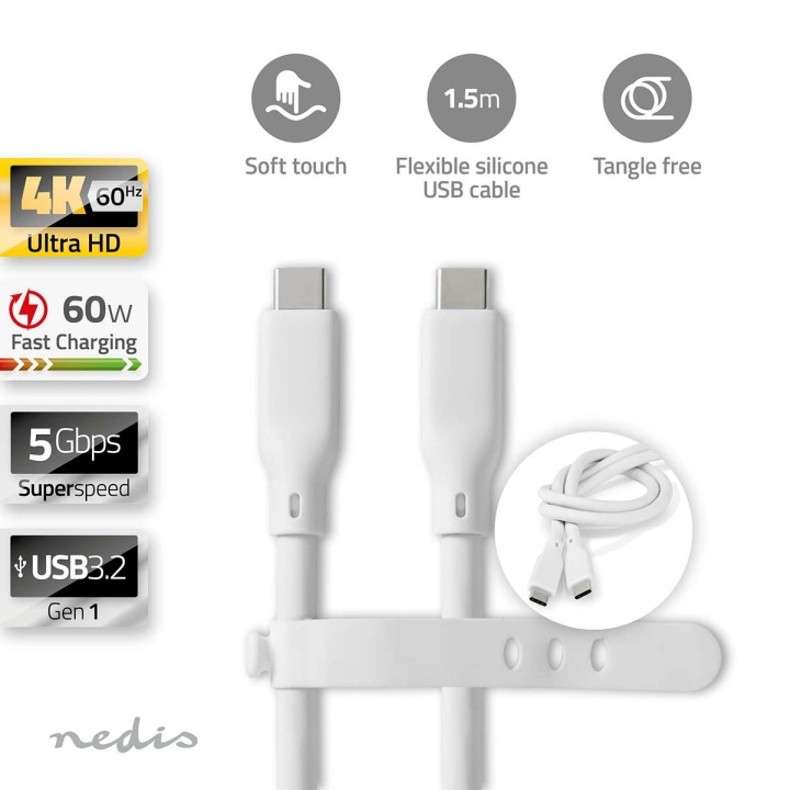 Nedis USB-kabel | USB 3.2 Gen 1 | USB-C™ Hann | USB-C™ Hann | 60 W | 4K@60Hz | 5 Gbps | Nikkel belagt | 1.50 m | Rund | Silikon | Hvit | Boks i gruppen Datautstyr / Kabler og adaptere / USB / USB-C hos TP E-commerce Nordic AB (C66109)