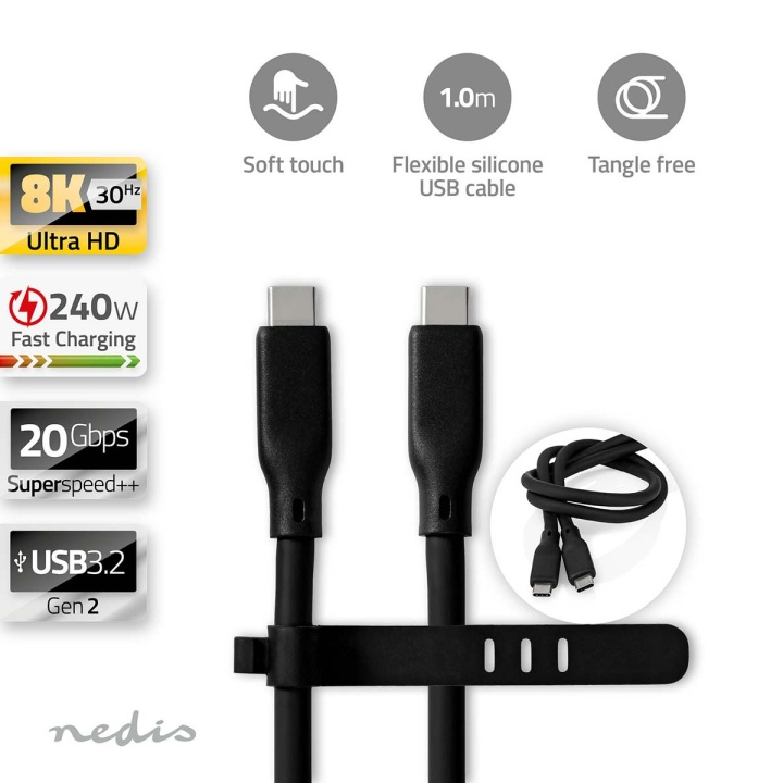 Nedis USB-kabel | USB 3.2 Gen 2 | USB-C™ Hann | USB-C™ Hann | 240 W | 8K@30Hz | 20 Gbps | Nikkel belagt | 1.00 m | Rund | Silikon | Sort | Boks i gruppen Datautstyr / Kabler og adaptere / USB / USB-C hos TP E-commerce Nordic AB (C66110)