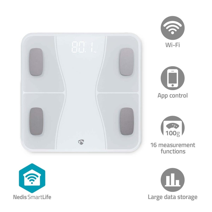 Nedis SmartLife Helse Scales | Bluetooth® | BMI / BMR / Bones / Fat / Muskler / Vann / Vekt | 12 | Maks. belastning: 180 kg | Android™ / IOS | ABS / Glass | Hvit i gruppen HELSE OG SKJØNNHET / Helsepleie / Personvekter hos TP E-commerce Nordic AB (C66708)