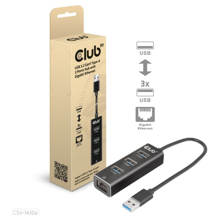 Club 3D USB 3.2 Gen1 A 3-P Hub Gigabit Ethernet i gruppen Datautstyr / Bærbare datamaskiner og tilbehør / Dokkingstasjoner hos TP E-commerce Nordic AB (C67860)