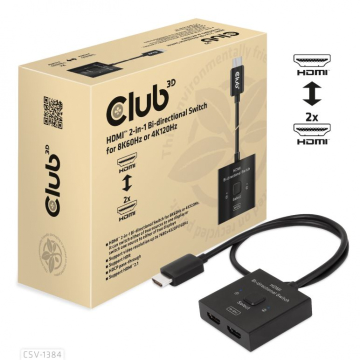 Club 3D HDMI 2-i-1 dubbelriktad switch för 8K60Hz eller 4K120Hz i gruppen Datautstyr / Kabler og adaptere / HDMI/VGA/DVI-switcher hos TP E-commerce Nordic AB (C67870)