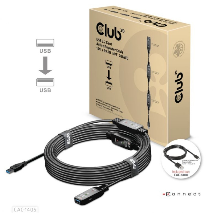 Club 3D USB 3.2 Gen1 Active Repeater Cable 15m M/F 28AWG i gruppen HJEM, HUS OG HAGE / El og belysning / Skjøteledninger hos TP E-commerce Nordic AB (C67907)