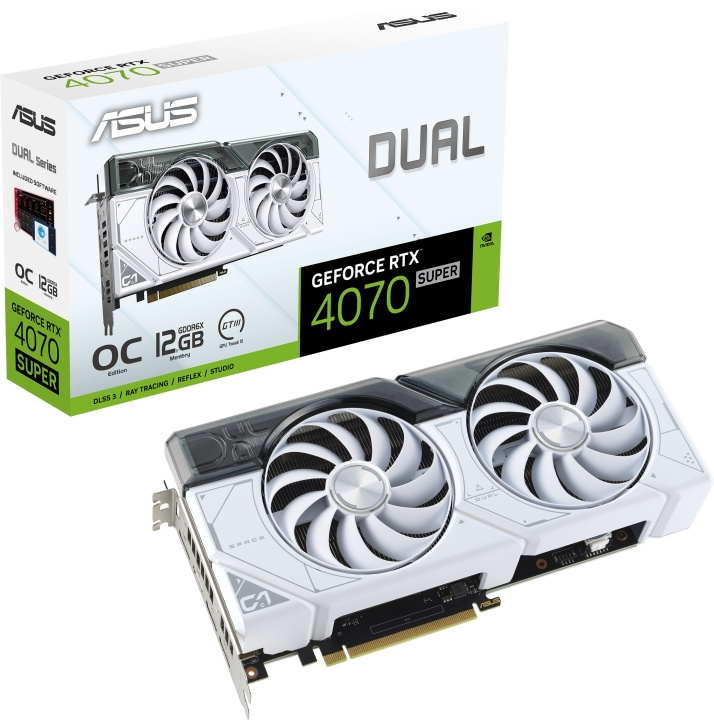 ASUS GeForce DUAL-RTX4070S-O12G-WHITE grafikkort, hvit i gruppen Datautstyr / PC-Komponenter / Skjermkort hos TP E-commerce Nordic AB (C68538)