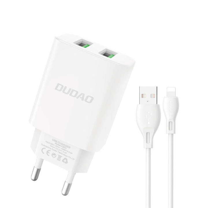 Dudao A2EUL Adapter 12Watt 2xUSB-A (1m USB-A to Lightning cable included) i gruppen SMARTTELEFON & NETTBRETT / Ladere og Kabler / Vegglader / Vegglader USB hos TP E-commerce Nordic AB (C70273)