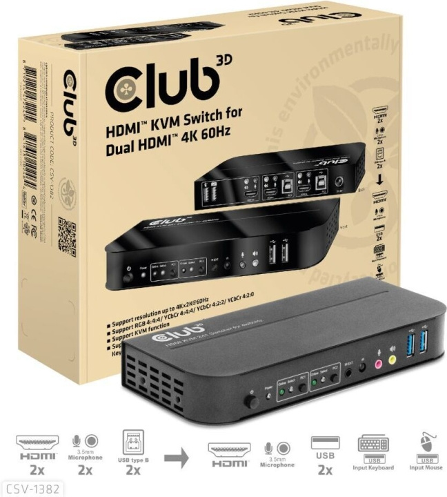 Club 3D HDMI KVM-bryter for dobbel HDMI-bryter i gruppen Datautstyr / Kabler og adaptere / HDMI/VGA/DVI-switcher hos TP E-commerce Nordic AB (C71792)