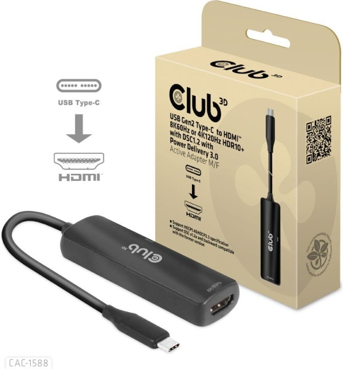 Club 3D CAC-1588 Type C - HDMI 2.1 PD 100W aktiv adapter, 4K120 Hz - 8K60Hz i gruppen Elektronikk / Kabler og adaptere / HDMI / Adaptere hos TP E-commerce Nordic AB (C71793)