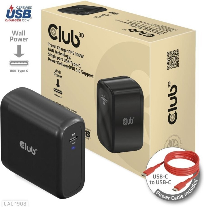 Club 3D CAC-1908EU Reiselader 100 W GaN USB-C-strømforsyning i gruppen SMARTTELEFON & NETTBRETT / Ladere og Kabler / Vegglader / Vegglader Type C hos TP E-commerce Nordic AB (C71794)