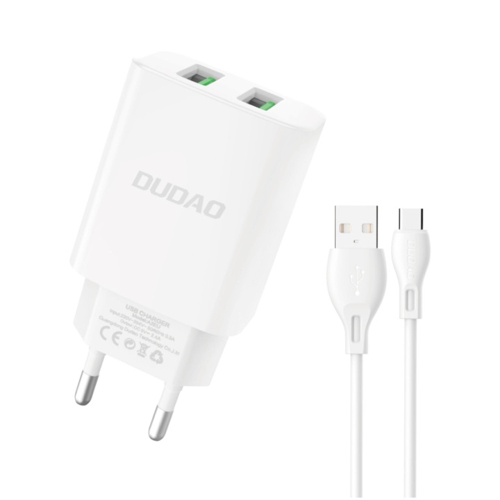 Dudao A2EUT-adapter 12Watt 2xUSB-A (1m USB-A till USB-C-kabel ingår) i gruppen SMARTTELEFON & NETTBRETT / Ladere og Kabler / Vegglader / Vegglader Type C hos TP E-commerce Nordic AB (C77119)