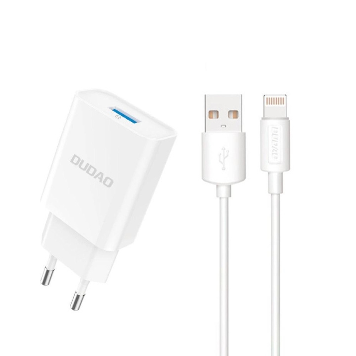 Dudao A4EU USB-A 2.1A power charger - white + USB-A - Lightning cable i gruppen SMARTTELEFON & NETTBRETT / Ladere og Kabler / Vegglader / Vegglader Lightning hos TP E-commerce Nordic AB (C77161)