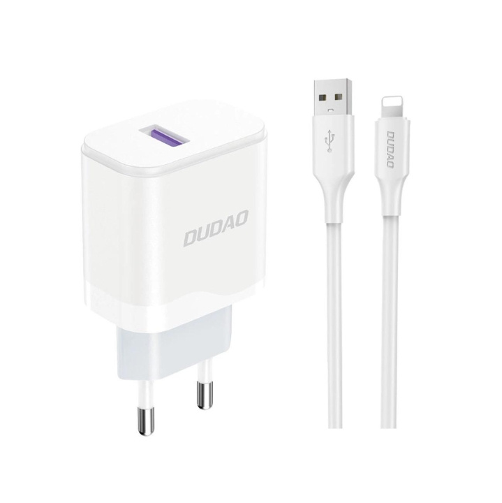 Dudao A20EU USB-A 18W Power Charger - White + USB-A - Lightning Cable i gruppen SMARTTELEFON & NETTBRETT / Ladere og Kabler / Vegglader / Vegglader Lightning hos TP E-commerce Nordic AB (C77163)