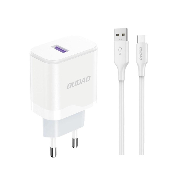 Dudao A20EU USB-A 18W nätladdare - vit + USB-A - USB-C-kabel i gruppen SMARTTELEFON & NETTBRETT / Ladere og Kabler / Vegglader / Vegglader Type C hos TP E-commerce Nordic AB (C77164)