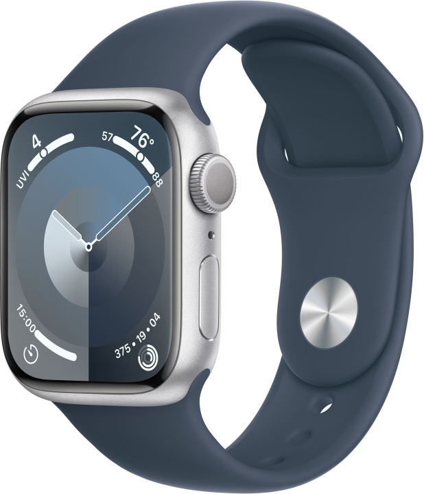 Apple Watch Series 9 (GPS) 41 mm sølvfarget aluminiumsdeksel og stormblå sportsrem, S/M (MR903) i gruppen SMARTTELEFON & NETTBRETT / Trening, hjem og fritid / Apple Watch og tilbehør / Apple Watch hos TP E-commerce Nordic AB (C77581)