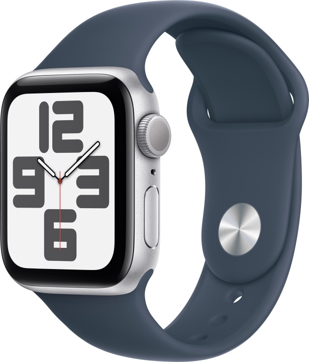 Apple Watch SE (GPS) 40 mm sølvfarget aluminiumsurkasse og stormblå sportsrem, S/M (MRE13) i gruppen SMARTTELEFON & NETTBRETT / Trening, hjem og fritid / Apple Watch og tilbehør / Apple Watch hos TP E-commerce Nordic AB (C77611)