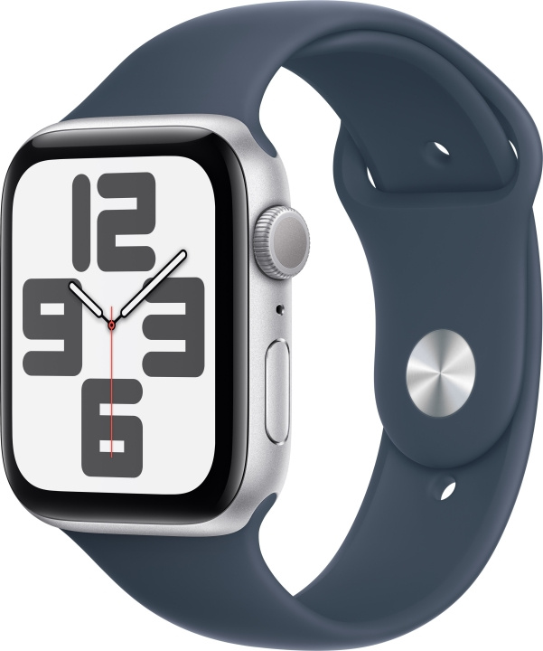 Apple Watch SE (GPS) 44 mm sølvfarget aluminiumsurkasse og stormblå sportsrem, S/M (MREC3) i gruppen SMARTTELEFON & NETTBRETT / Trening, hjem og fritid / Apple Watch og tilbehør / Apple Watch hos TP E-commerce Nordic AB (C77626)