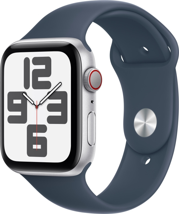 Apple Watch SE (GPS + Cellular) 44 mm sølvfarget aluminiumskasse og stormblått sportsarmbånd, S/M (MRHF3) i gruppen SMARTTELEFON & NETTBRETT / Trening, hjem og fritid / Apple Watch og tilbehør / Apple Watch hos TP E-commerce Nordic AB (C77647)