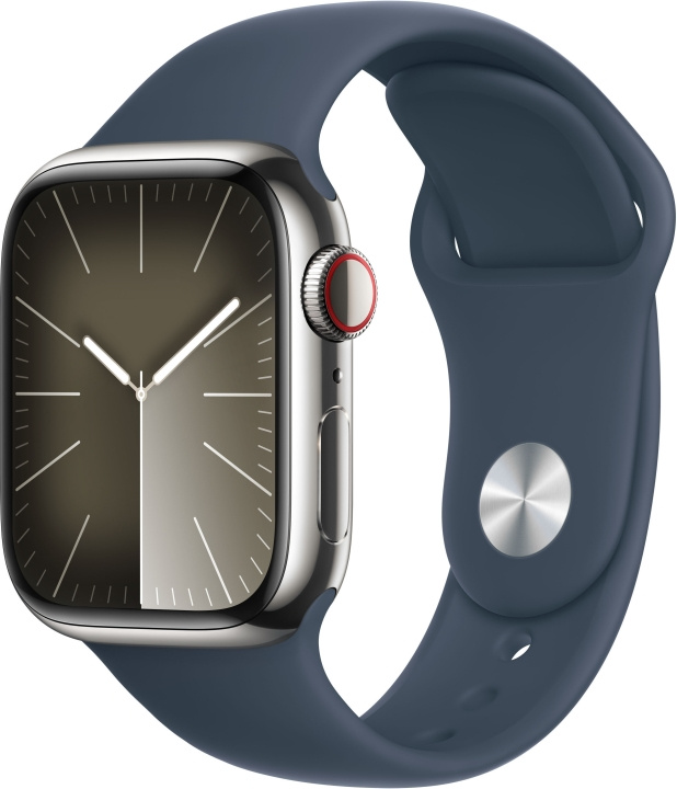 Apple Watch Series 9 (GPS + Cellular) 41 mm sølvfarget rustfritt stålkasse og stormblått sportsarmbånd, M/L (MRJ33) i gruppen SMARTTELEFON & NETTBRETT / Trening, hjem og fritid / Apple Watch og tilbehør / Apple Watch hos TP E-commerce Nordic AB (C77653)