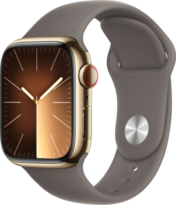 Apple Watch Series 9 (GPS + Cellular) 41 mm gullfarget urkasse i rustfritt stål og leirfarget sportsarmbånd, M/L (MRJ63) i gruppen SMARTTELEFON & NETTBRETT / Trening, hjem og fritid / Apple Watch og tilbehør / Apple Watch hos TP E-commerce Nordic AB (C77656)