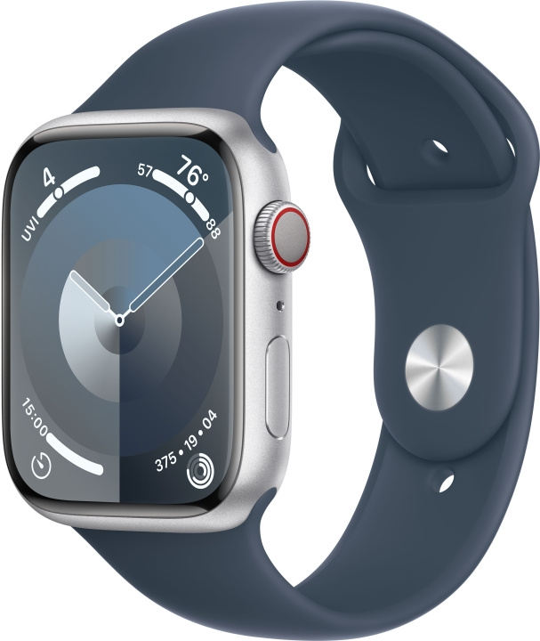 Apple Watch Series 9 (GPS + Cellular) 45 mm sølvfarget aluminiumsdeksel og stormblått sportsarmbånd, M/L (MRMH3) i gruppen SMARTTELEFON & NETTBRETT / Trening, hjem og fritid / Apple Watch og tilbehør / Apple Watch hos TP E-commerce Nordic AB (C77658)