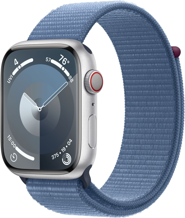 Apple Watch Series 9 (GPS + Cellular) 45 mm sølvfarget aluminiumsdeksel og vinterblå Sport Loop-rem (MRMJ3) i gruppen SMARTTELEFON & NETTBRETT / Trening, hjem og fritid / Apple Watch og tilbehør / Apple Watch hos TP E-commerce Nordic AB (C77660)