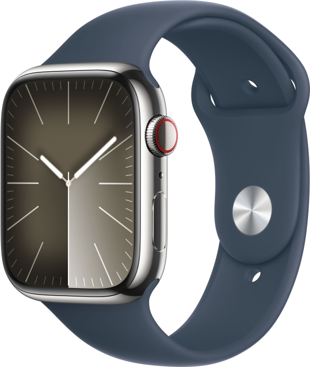 Apple Watch Series 9 (GPS + Cellular) 45 mm sølvfarget urkasse i rustfritt stål og stormblått sportsarmbånd, S/M (MRMN3) i gruppen SMARTTELEFON & NETTBRETT / Trening, hjem og fritid / Apple Watch og tilbehør / Apple Watch hos TP E-commerce Nordic AB (C77667)