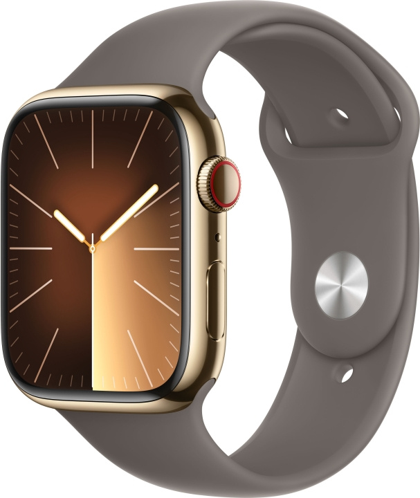 Apple Watch Series 9 (GPS + Cellular) 45 mm gullfarget urkasse i rustfritt stål og leirfarget sportsarmbånd, M/L (MRMT3) i gruppen SMARTTELEFON & NETTBRETT / Trening, hjem og fritid / Apple Watch og tilbehør / Apple Watch hos TP E-commerce Nordic AB (C77675)