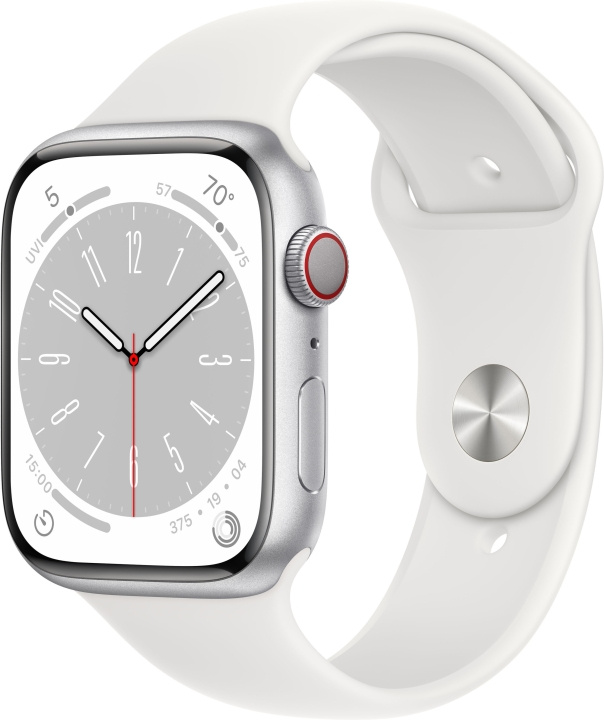 Apple Watch Series 8 (GPS + Cellular) 45 mm sølvfarget aluminiumsdeksel og hvit sportsrem (MP4J3) i gruppen SMARTTELEFON & NETTBRETT / Trening, hjem og fritid / Apple Watch og tilbehør / Apple Watch hos TP E-commerce Nordic AB (C77890)