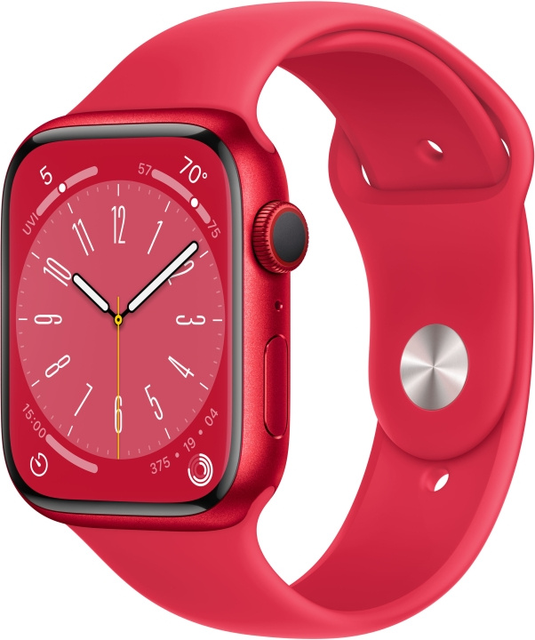 Apple Watch Series 8 (GPS + Cellular) 45 mm rød (PRODUCT)RED aluminiumskasse og rødt (PRODUCT)RED sportsarmbånd (MNKA3) i gruppen SMARTTELEFON & NETTBRETT / Trening, hjem og fritid / Apple Watch og tilbehør / Apple Watch hos TP E-commerce Nordic AB (C77891)