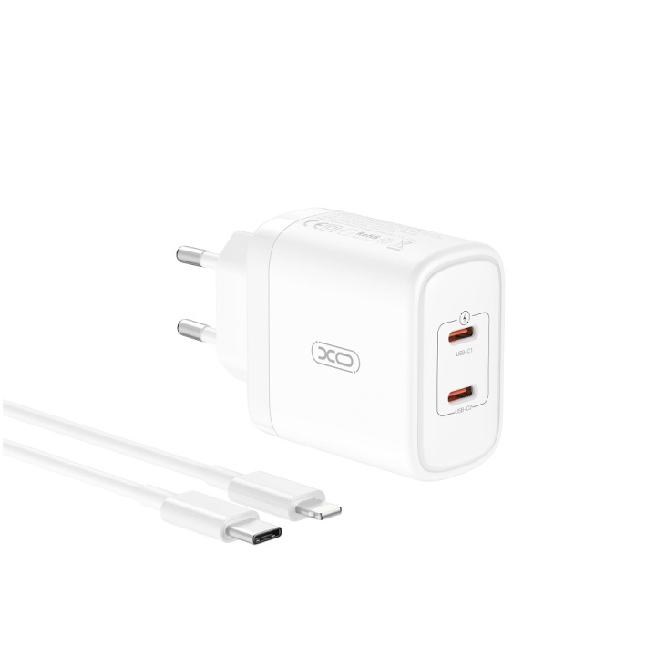 XO väggladdare CE08 PD 50W 2x USB-C vit + USB-C - Lightning-kabel i gruppen SMARTTELEFON & NETTBRETT / Ladere og Kabler / Vegglader / Vegglader Type C hos TP E-commerce Nordic AB (C79266)