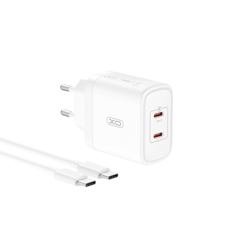 XO väggladdare CE08 PD 50W 2x USB-C vit + USB-C - USB-C kabel i gruppen SMARTTELEFON & NETTBRETT / Ladere og Kabler / Vegglader / Vegglader Type C hos TP E-commerce Nordic AB (C79267)