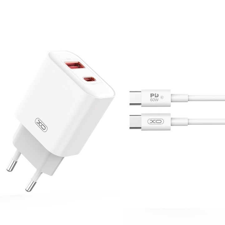 XO väggladdare CE12 PD QC3.0 20W 1x USB 1x USB-C vit + USB-C - USB-C kabel i gruppen SMARTTELEFON & NETTBRETT / Ladere og Kabler / Vegglader / Vegglader Type C hos TP E-commerce Nordic AB (C79272)