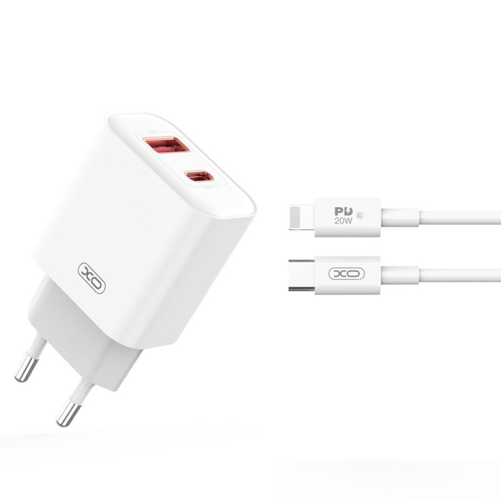 XO väggladdare CE12 PD QC3.0 20W 1x USB 1x USB-C vit + USB-C - Lightning-kabel i gruppen SMARTTELEFON & NETTBRETT / Ladere og Kabler / Vegglader / Vegglader Lightning hos TP E-commerce Nordic AB (C79273)