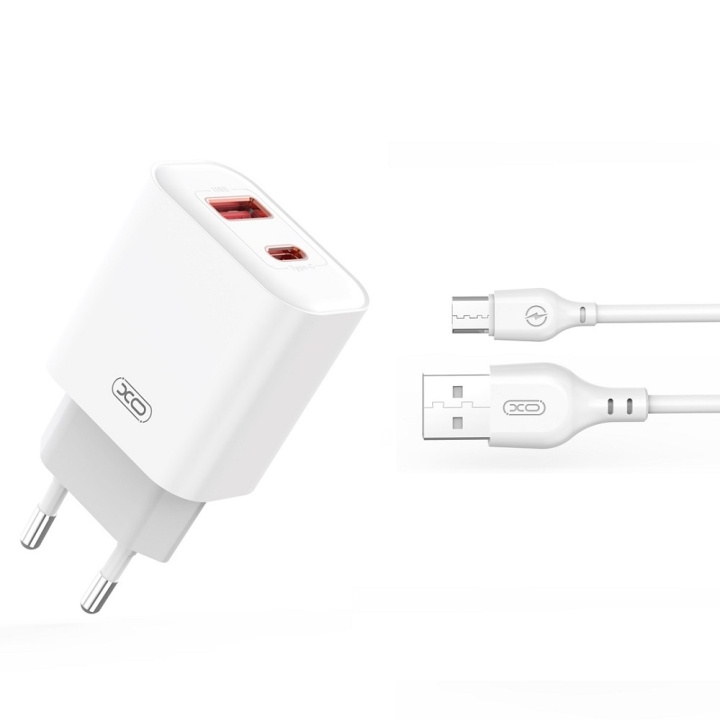 XO väggladdare CE12 PD QC3.0 20W 1x USB 1x USB-C vit + USB - microUSB-kabel i gruppen SMARTTELEFON & NETTBRETT / Ladere og Kabler / Vegglader / Vegglader microUSB hos TP E-commerce Nordic AB (C79274)