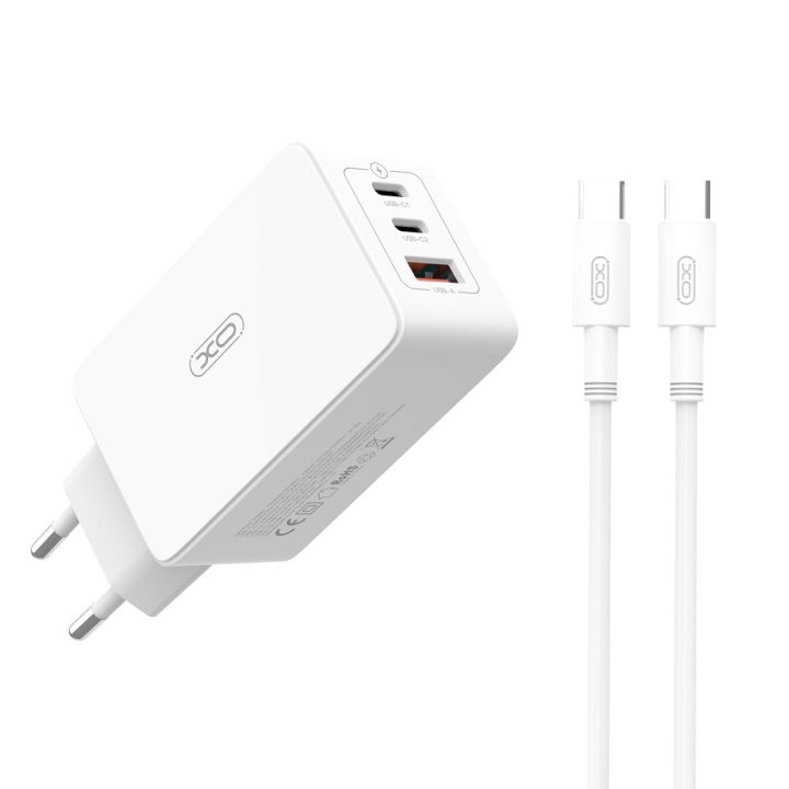 XO väggladdare CE13 PD QC 3.0 65W 1x USB 2x USB-C vit + USB-C - USB-C kabel i gruppen SMARTTELEFON & NETTBRETT / Ladere og Kabler / Vegglader / Vegglader Type C hos TP E-commerce Nordic AB (C79277)