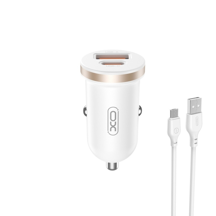 XO billaddare CC56 PD 30W QC 1x USB 1x USB-C vit + USB - microUSB-kabel i gruppen SMARTTELEFON & NETTBRETT / Ladere og Kabler / Billader hos TP E-commerce Nordic AB (C79287)