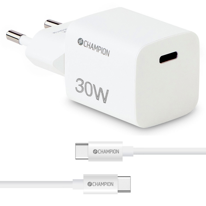 Champion Laddare 30W + USB-C Kabel Vit i gruppen SMARTTELEFON & NETTBRETT / Ladere og Kabler / Vegglader / Vegglader Type C hos TP E-commerce Nordic AB (C81442)