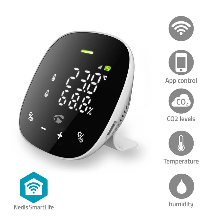 Nedis SmartLife luftkvalitetsmonitor | Wi-Fi | Inkludert display | Karbondioksid (CO2) / Luftfuktighet / Temperatur | Android™ / IOS | Hvit / Sort i gruppen HJEM, HUS OG HAGE / Smarthus / Smarte sensorer hos TP E-commerce Nordic AB (C82813)