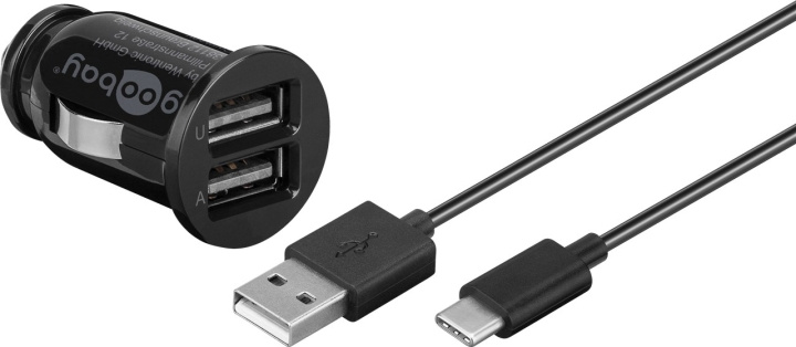 Goobay Dual USB laddare för bil USB-C™, USB-A (12 W) Laddningsadapter för bil med 2x USB-A och USB-C™-kabel 1,0 m (svart) i gruppen SMARTTELEFON & NETTBRETT / Ladere og Kabler / Billader / Billader USB hos TP E-commerce Nordic AB (C86866)