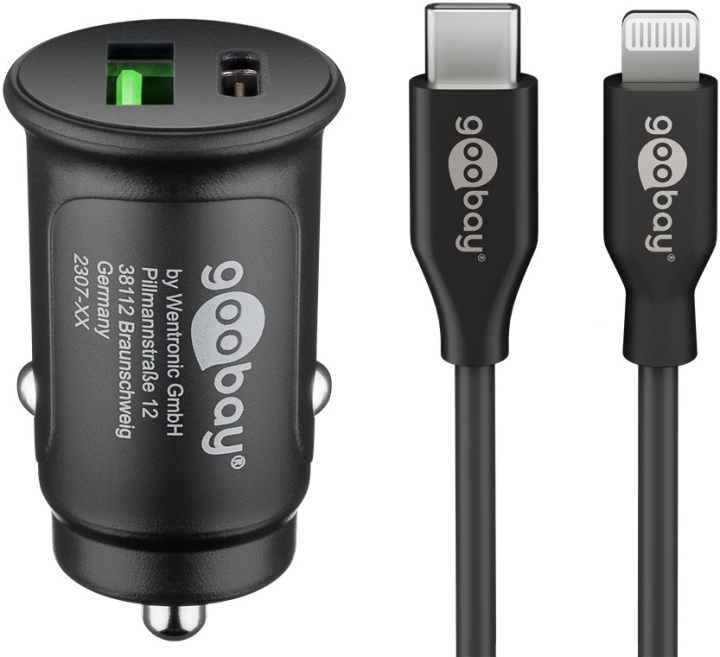 Goobay Dual USB Fast Car Charger Lightning (27 W) billadeadapter med 1x USB-C™ og 1x USB-A, USB-C™ Lightning-kabel, 1 m, svart i gruppen SMARTTELEFON & NETTBRETT / Ladere og Kabler / Billader / Billader Lightning hos TP E-commerce Nordic AB (C86940)