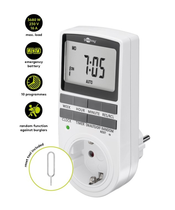 Goobay Digital timer programmerbar timer med kontakt med skyddsjord (typ F) i gruppen HJEM, HUS OG HAGE / El og belysning / Timer hos TP E-commerce Nordic AB (C86941)