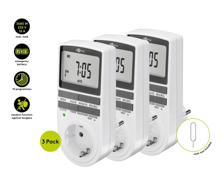 Goobay Digital timer, set om 3 programmerbar timer med kontakt med skyddsjord (typ F) i gruppen HJEM, HUS OG HAGE / El og belysning / Timer hos TP E-commerce Nordic AB (C86964)