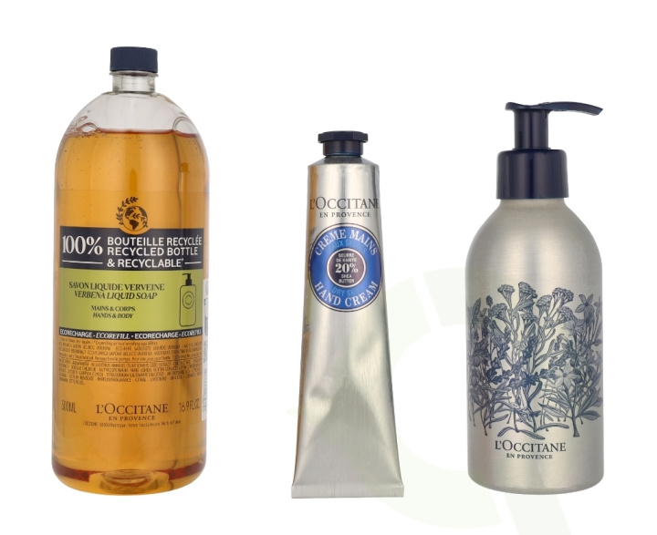 L\'Occitane Beautiful Hands Set 575 ml Eco Refill Shea Liquid Soap Verbena 500ml/Shea Hand Cream 75ml/Empty Forever Bottle i gruppen HELSE OG SKJØNNHET / Gavesett / Gavesett for henne hos TP E-commerce Nordic AB (C91974)