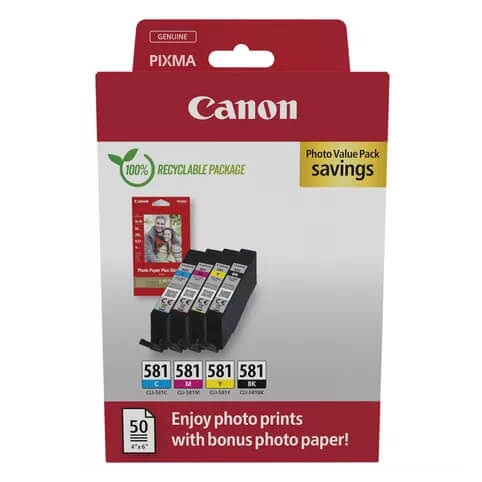 Canon Ink 2106C006 CLI-581 Multipack + Paper i gruppen Datautstyr / Skrivere og tilbehør / Blekk og toner / Blekkpatroner / Canon hos TP E-commerce Nordic AB (C92305)