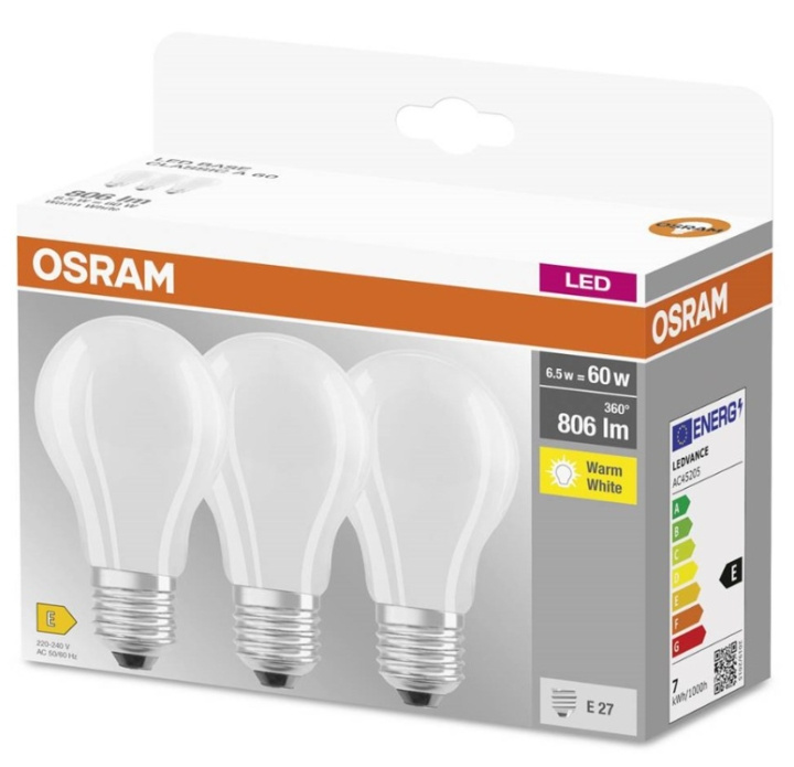 LEDVANCE OSRAM LED BASE standard matte 806lm 6,5W/827 (60W) E27 3-pak i gruppen Elektronikk / Lys / LED-lys hos TP E-commerce Nordic AB (C92666)