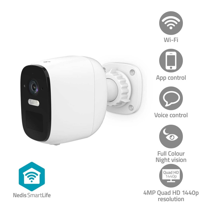 Nedis SmartLife Utendørs kamera | Wi-Fi | Søkelys | 4MP Quad HD 1440p / 2560x1440 | Panorering og vipping | IP66 | Maks. batteri levetid: 10 Måned | Cloud Storage (valgfritt) / microSD (ikke inkludert) | 5 V DC | Med bevegelses sensor | Nattsyn | Hvit i gruppen HJEM, HUS OG HAGE / Alarm, Sikkerhet og overvåking / Overvåkingskameraer / Digitalt (nettverk) / Utendørs kameraer hos TP E-commerce Nordic AB (C94857)