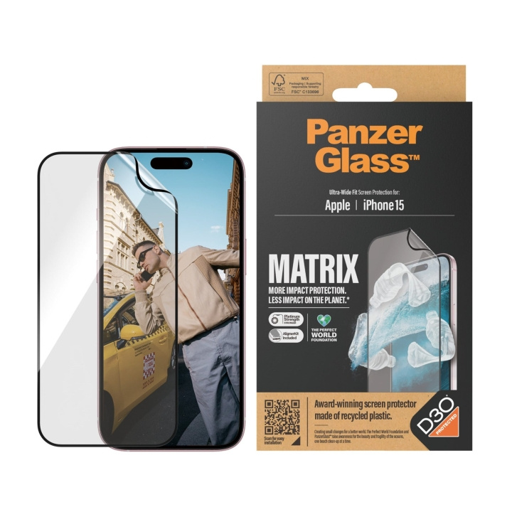 PanzerGlass ECO MATRIX skjermbeskytter med D3O® iPhone 15 - Ultra-Wide Fit m. AlignerKit i gruppen SMARTTELEFON & NETTBRETT / Mobilbeskyttelse / Apple / iPhone 15 hos TP E-commerce Nordic AB (D00790)